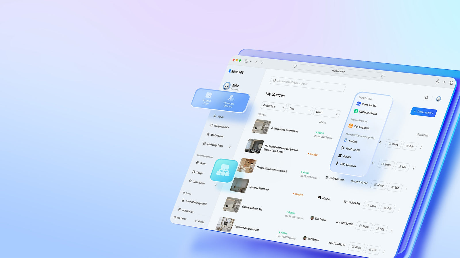 Realsee 3D Tour Platform import menu showing Pano to 3D