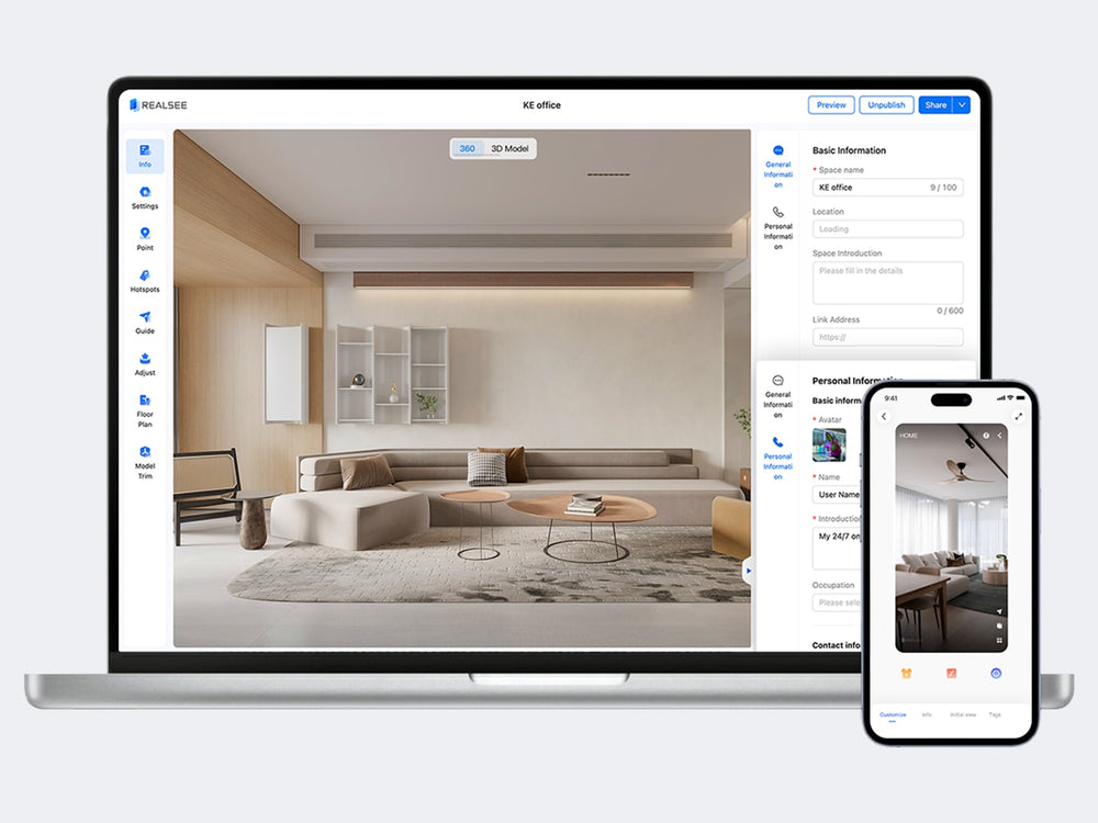 Realsee 3D Tour editing interface on desktop and mobile