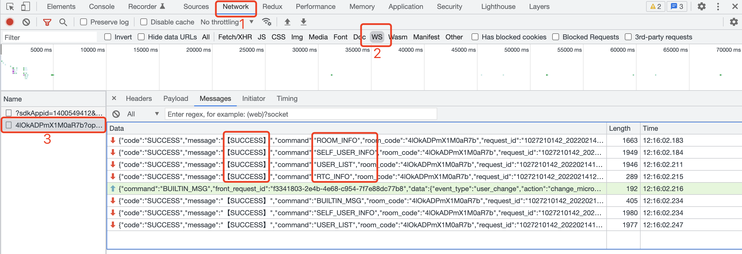 Chrome DevTools showing successful room, user, and RTC WebSocket messages after Live connects