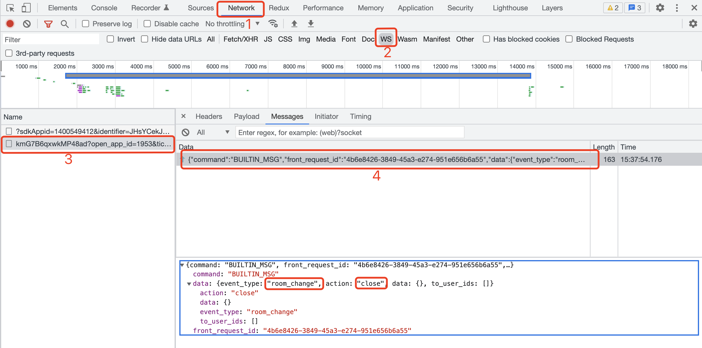Chrome DevTools showing a room_change close WebSocket message after leaving Live