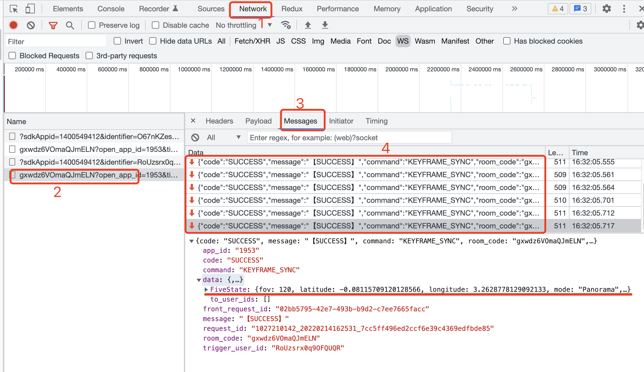 Chrome DevTools showing received KEYFRAME_SYNC WebSocket messages with FiveState data