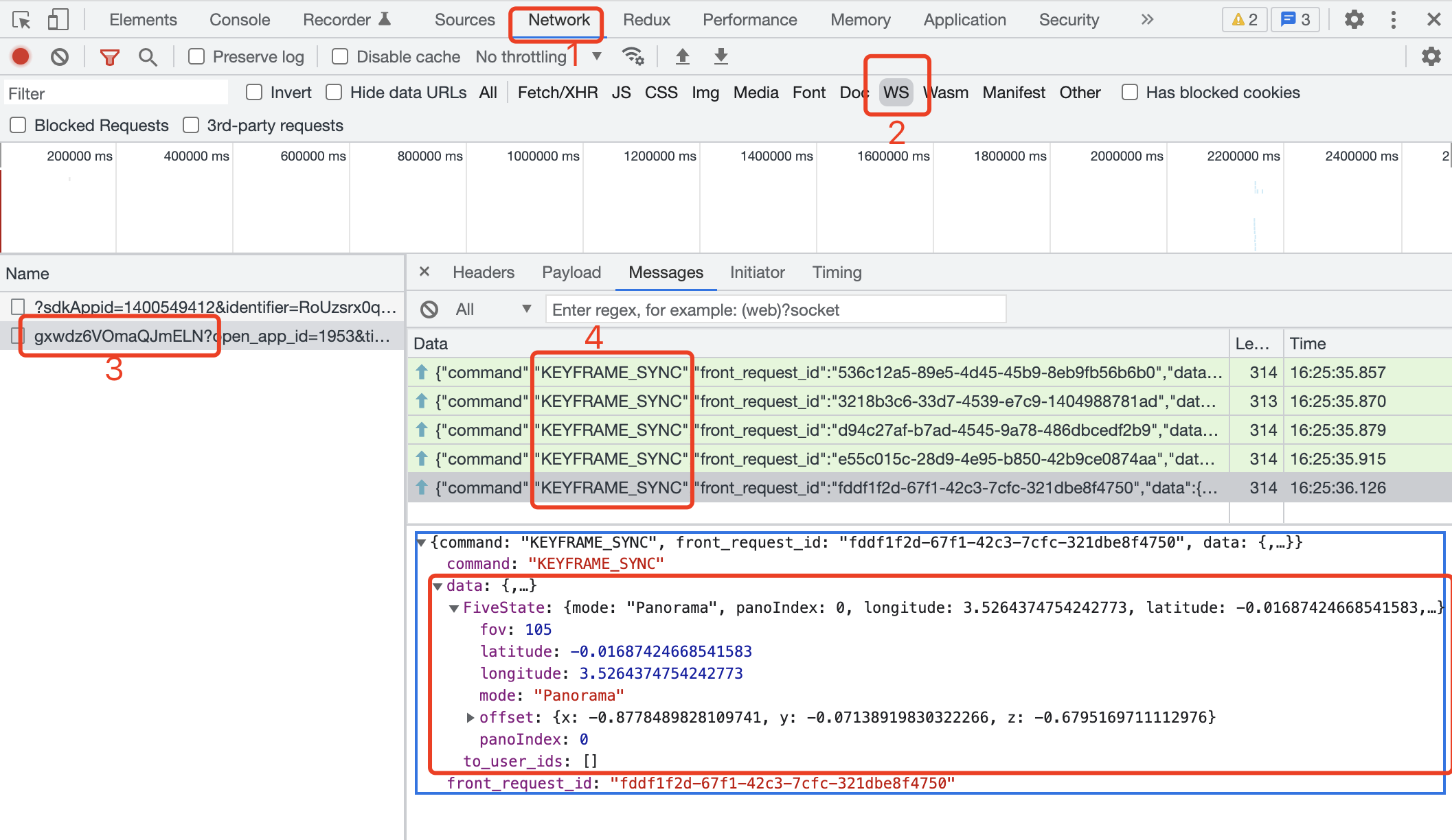 Chrome DevTools showing outbound KEYFRAME_SYNC WebSocket messages with FiveState data
