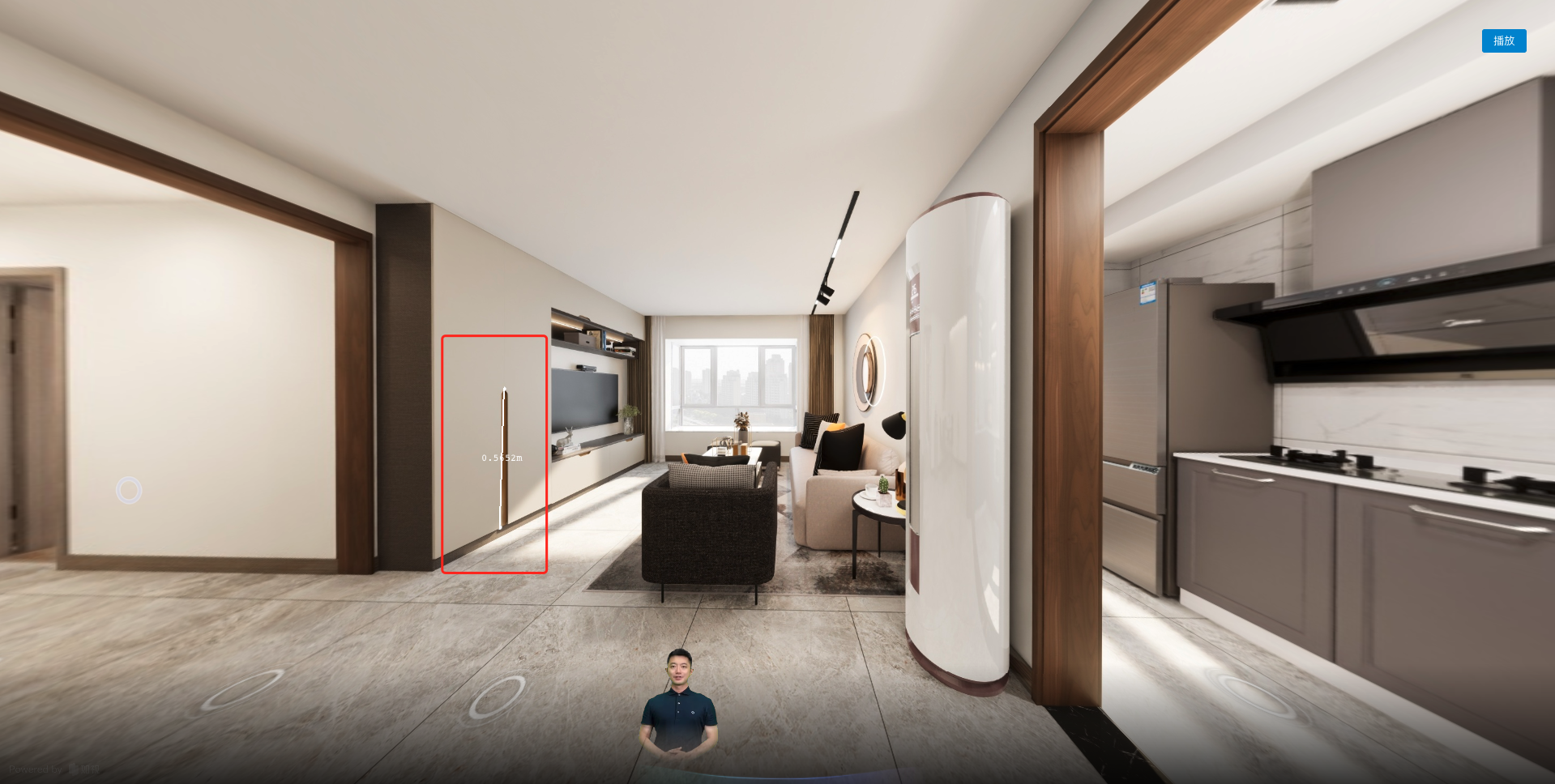 A distance annotation rendered as a panorama effect