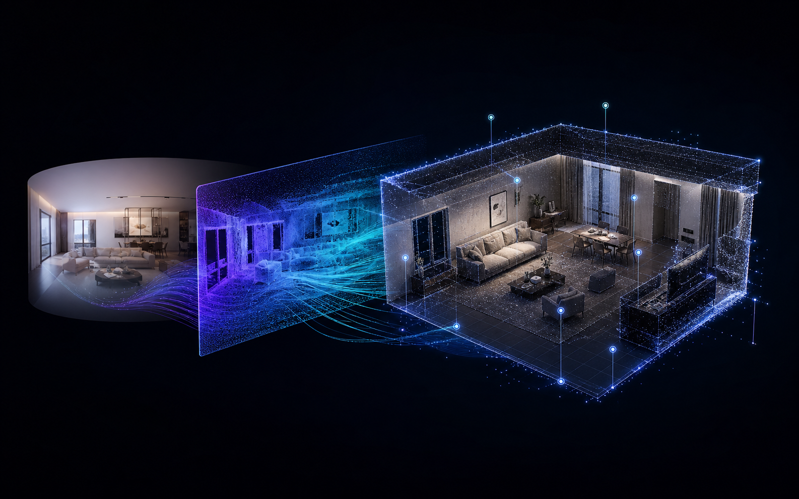 Argus reconstruction preview showing a panorama transformed into depth data and a renderable 3D room scene