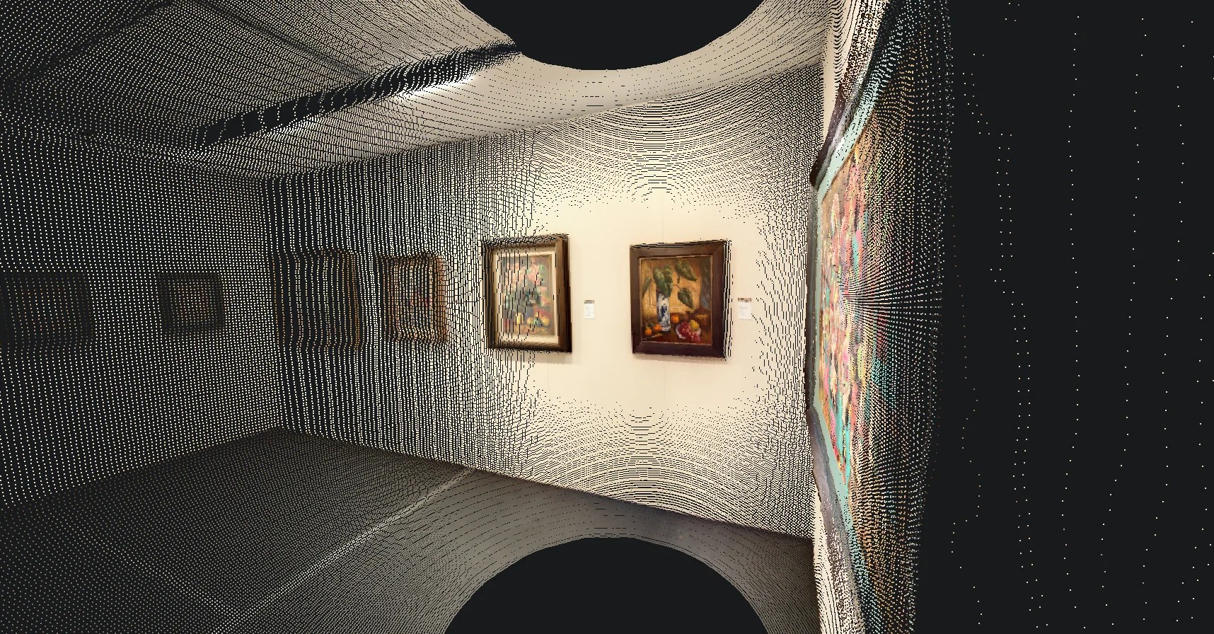 Argus reconstruction of an art gallery rendered as a spatial point-cloud room