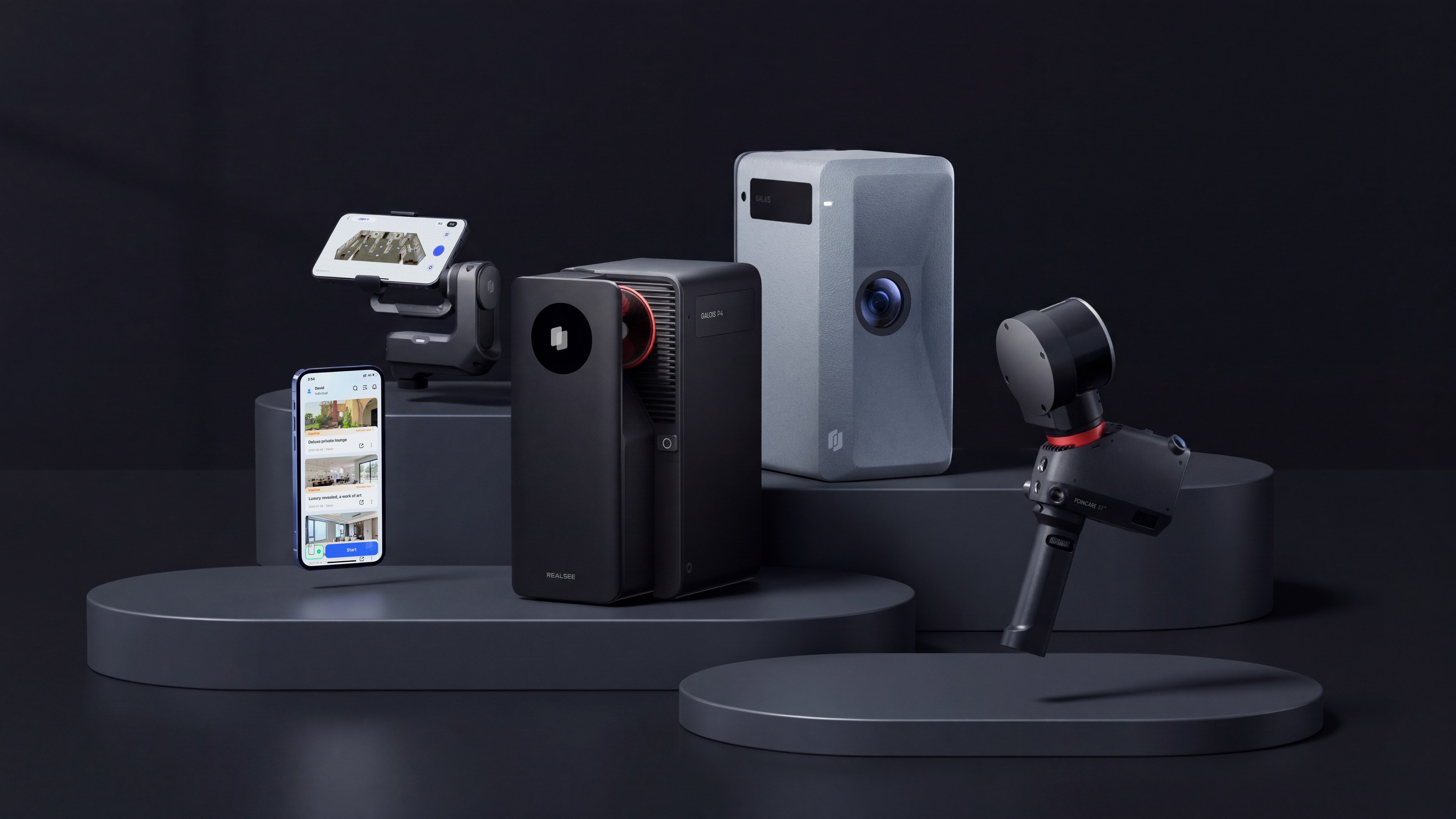 Realsee capture hardware family: Galois P4 LiDAR scanner, Galois, Poincare, and the mobile capture app